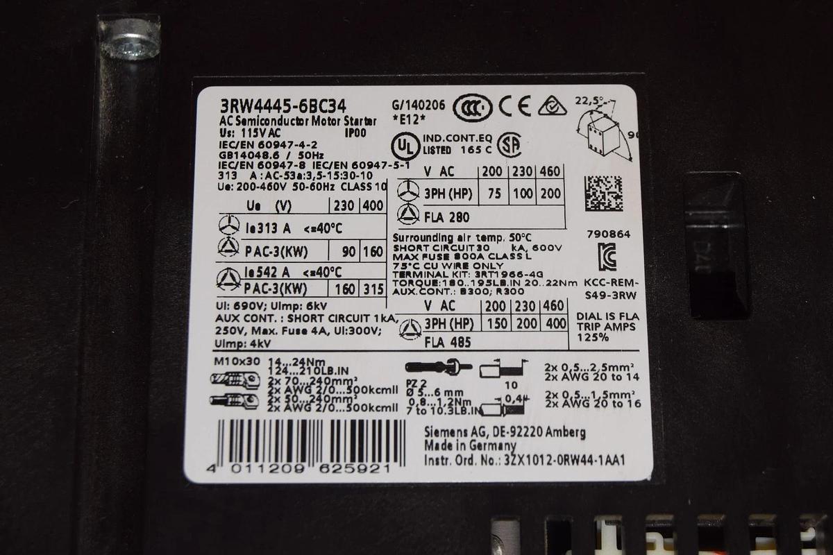 Used Siemens AC Semiconductor Motor Starter 3RW4445-6BC34 SIRIUS 115vac DAMAGED COVER