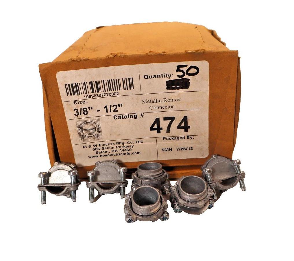 M&W Electric Mfg. 474 , 3/8"-1/2" Metallic Romex Connector (New - Box of 50)