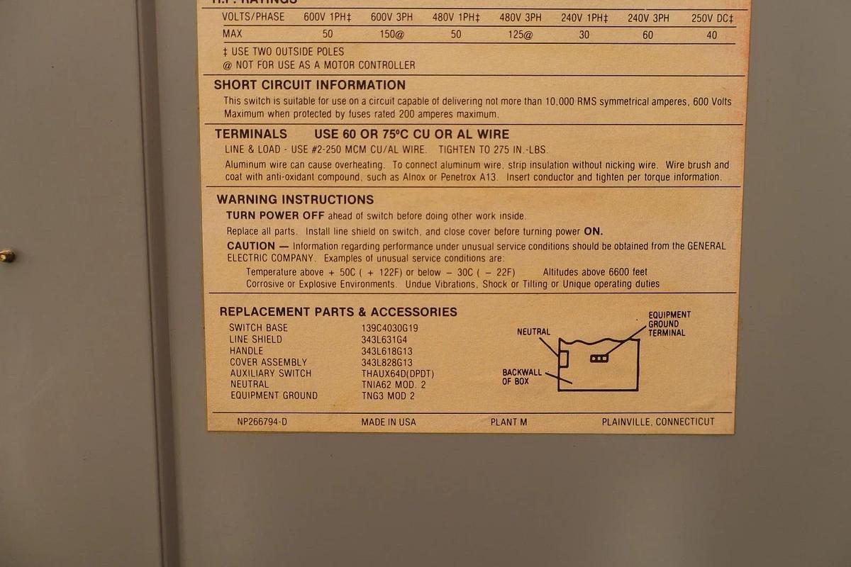 GE 200A Safety Switch Non-Fusible Enclosure Disconnect 250VDC THN3364 3Pole