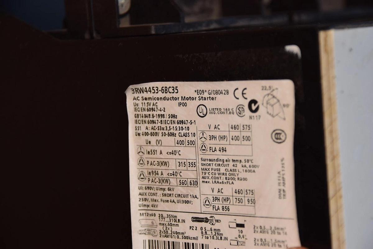 Used SIEMENS 3RW4453-6BC35 AC Semiconductor Motor Starter 460/575v 3ph 400-500hp