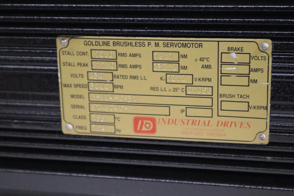 Used Industrial Drives Goldline Brushless P.M. Servo Motor B-804-C-31 230v 3000rpm