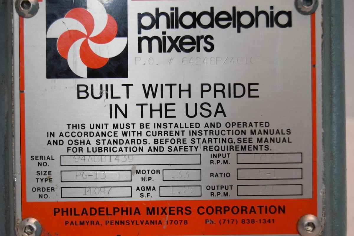 Philadelphia Portable Mixer Tank Agitator PG-13 1/3hp 350rpm 3ph Lightnin NOS