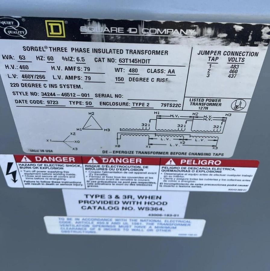Used SQUARE D SORGEL TRANSFORMER 63KVA 63 kva 3PH 63T145HDIT HV 460 LV 460Y/266 AA