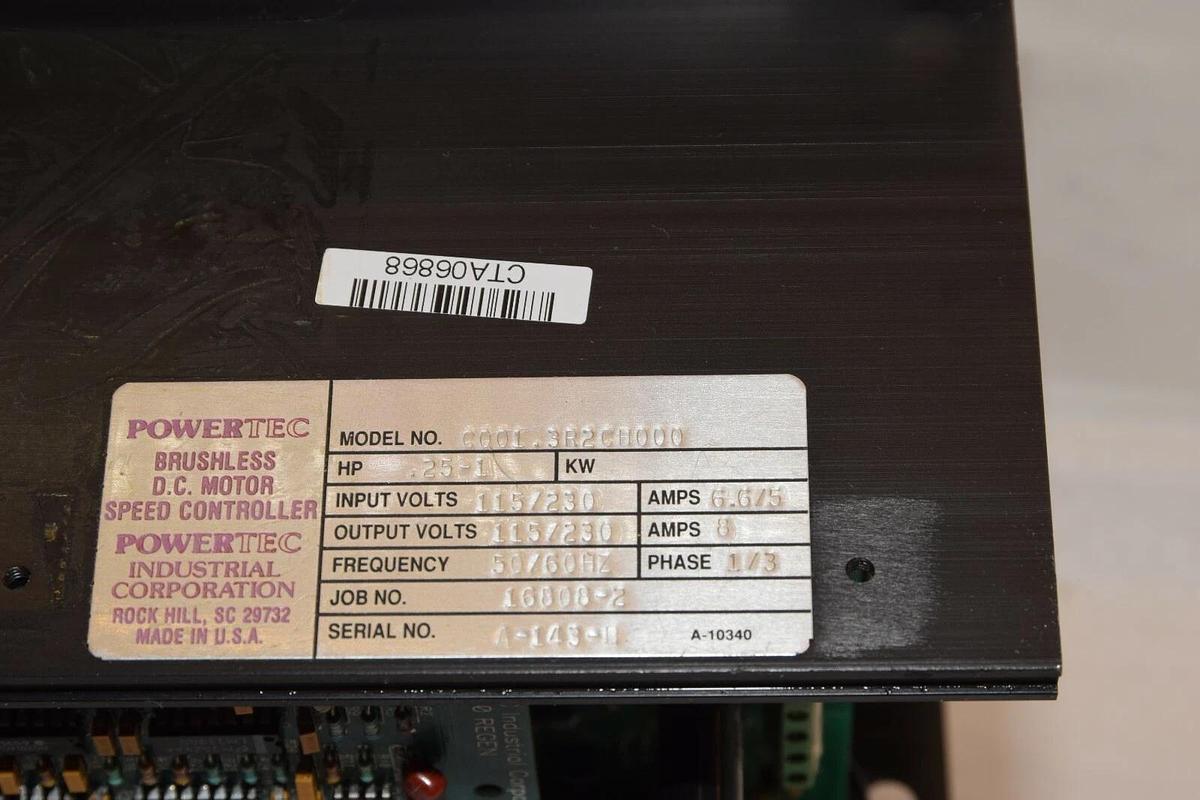 Used POWERTEC C001.3R2CH000 Brushless Speed Controller .25-1hp Ph: 1/3 115V