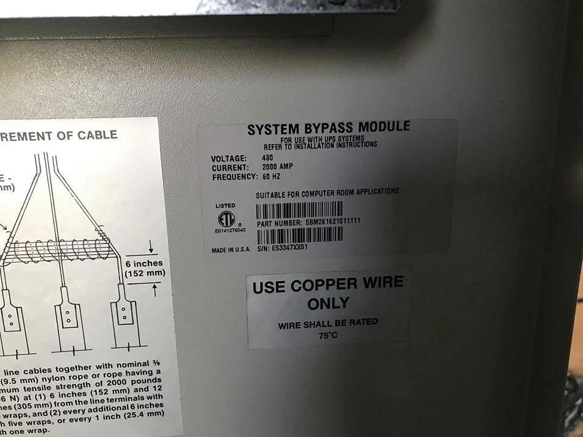 Used Eaton Powerware 2000A System Bypass switchgear SBM261621011111 2000A CH SPB65