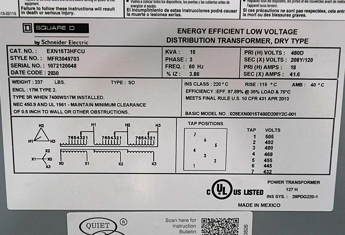 Square D Schneider 15kva Transformer EXN15T3HFCU 3ph 480v 208Y/120V 15 kva NEW