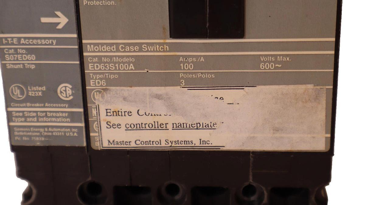 Used SIEMENS ED63S100A 100A 3P Molded Case Circuit Breaker W/ S07ED60 Shunt Trip