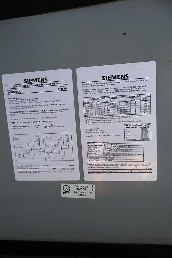 Used Siemens Power Mod 800A Modular Metering System WS1800CU Switch Module 1ph 240v