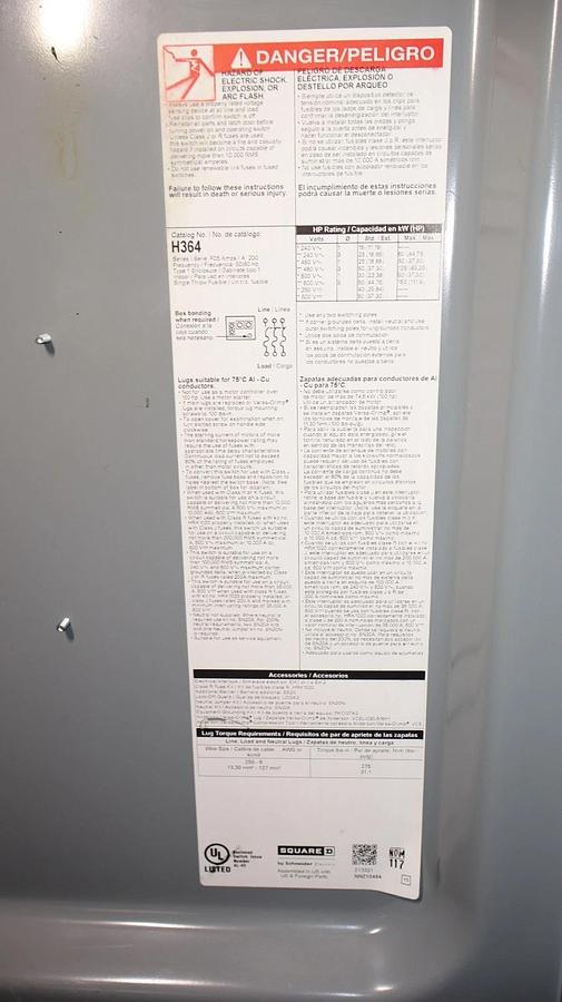 Used Square D 200A Safety Switch Disconnect H364 200 Amp Fusible 3P 4W 600v