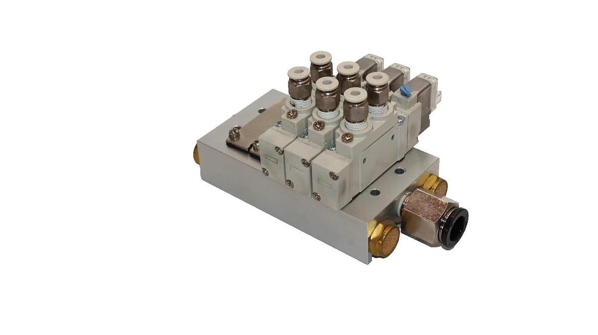 Used SMC Valve Block with (3) SY5120-5LZE-01 Solenoid Valve