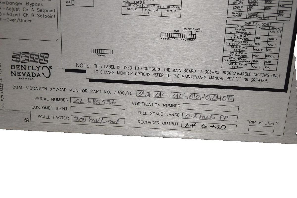 Used Bently Nevada 3300/16-02-01-00-00-00-00 Dual Vibration Monitor Module