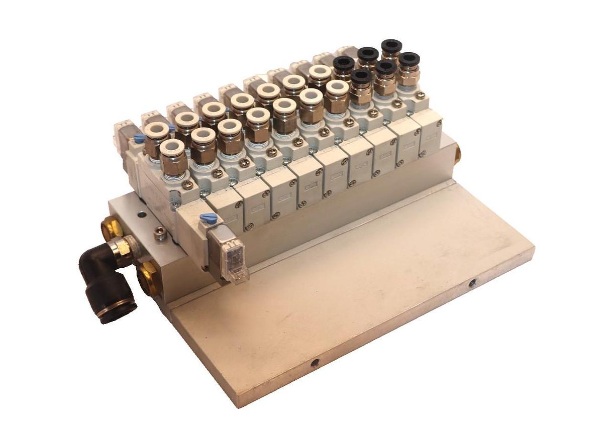 Used SMC Valve Block Assembly with (9) SY5120-5LZE-01 & (1) SY5320-5LZE-01 Valves