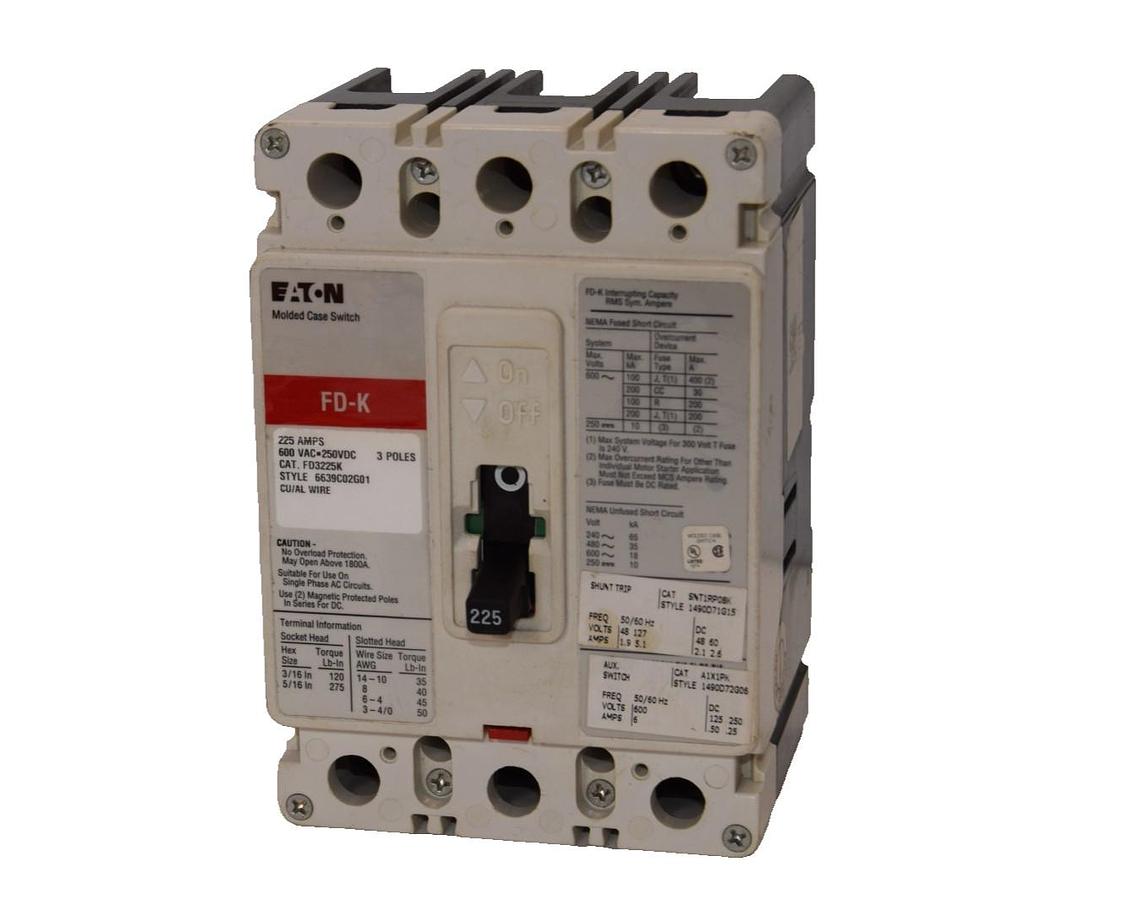 Used Eaton FD3225K Circuit Breaker 225A 225 Amp 3P 600V FD-K w/ shunt trip SNT1RP08K