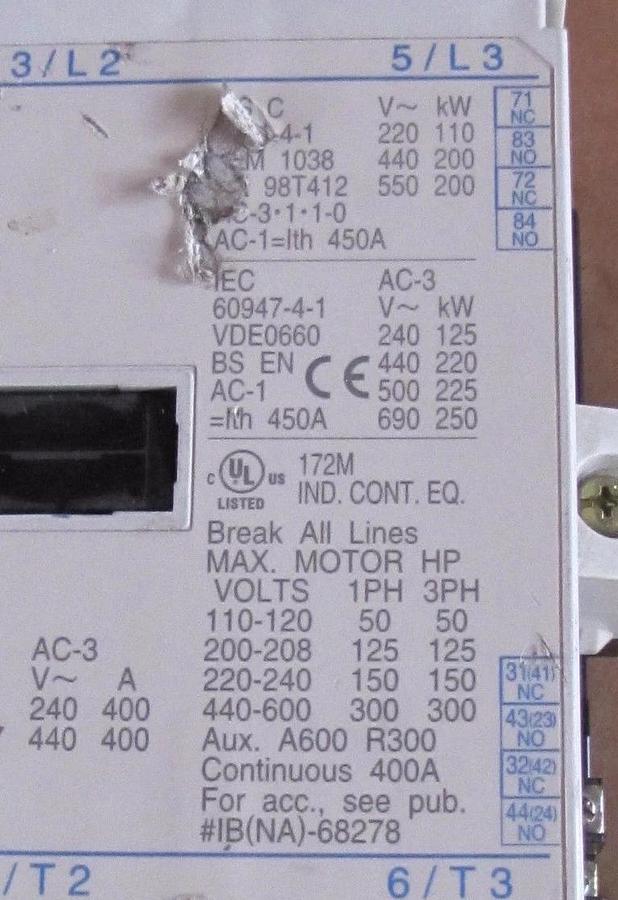 Used MITSUBISHI CONTACTOR S-N400 SN400 BH802Y917H02 200-240V COIL 3P 1PH 3PH 110-600V