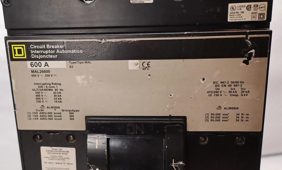 Used Square D Circuit Breaker 600 Amp 600A MAL26600 600v MAL S2 Shunt Trip: MA11021