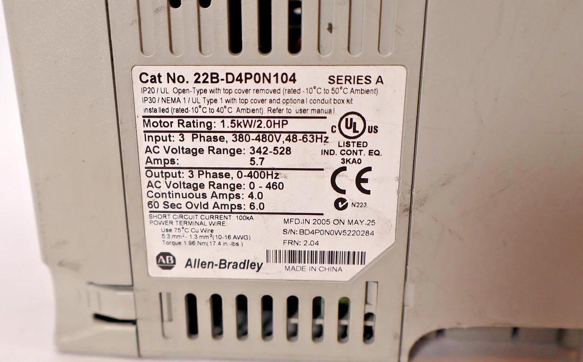 Used Allen Bradley PowerFlex 40 AC Drive 22B-D4P0N104 Series A 1.5kw 2hp