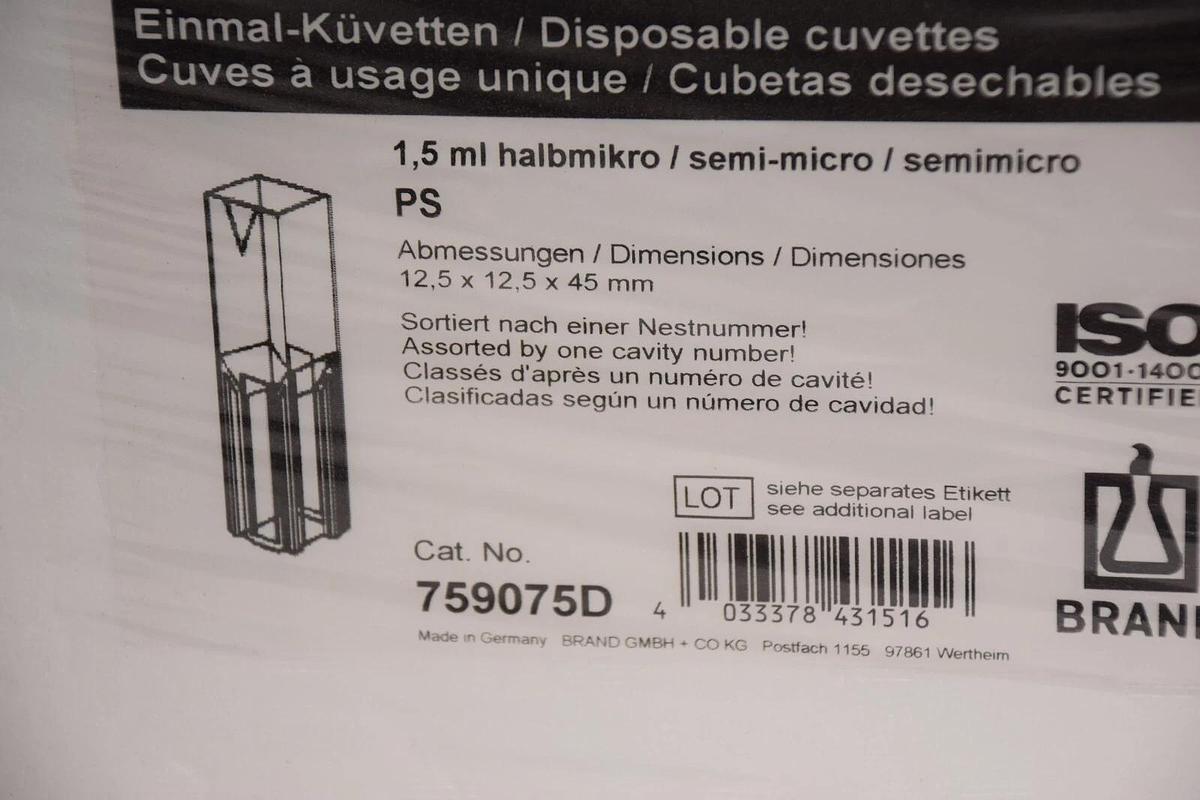 PLASTIBRAND 759075D Disposable Cuvettes 1.5mL Semi-Micro *Sealed Package*