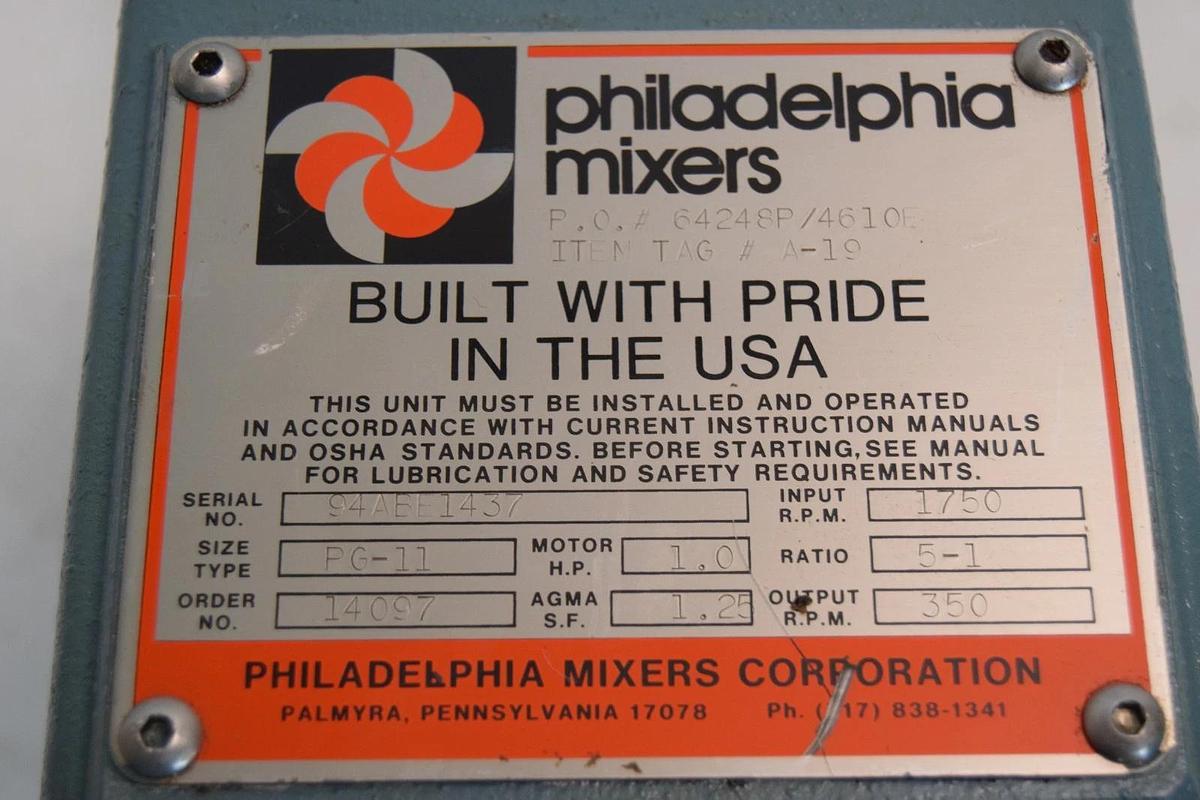 Philadelphia Portable Mixer Tank Agitator PG-11 1hp 3ph 350rpm Lightnin *NOS*