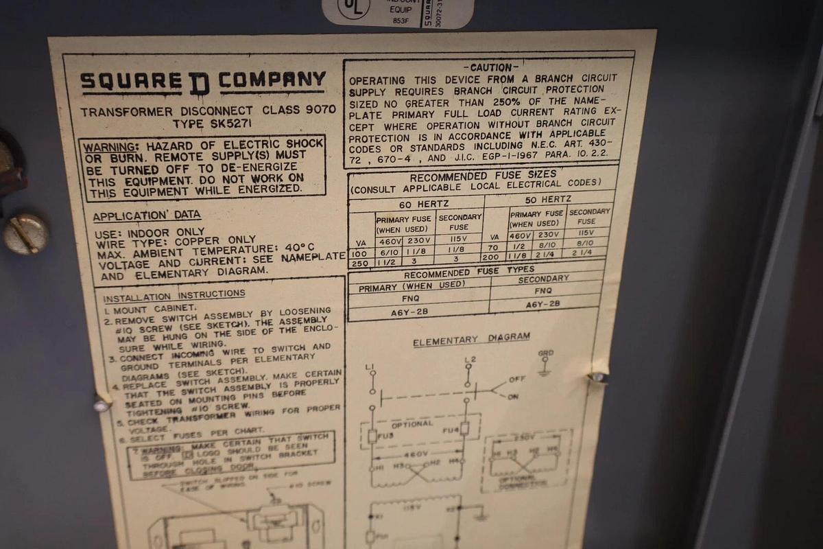 Used SQUARE D SK5271M Series A Class 9070 Transformer Disconnect