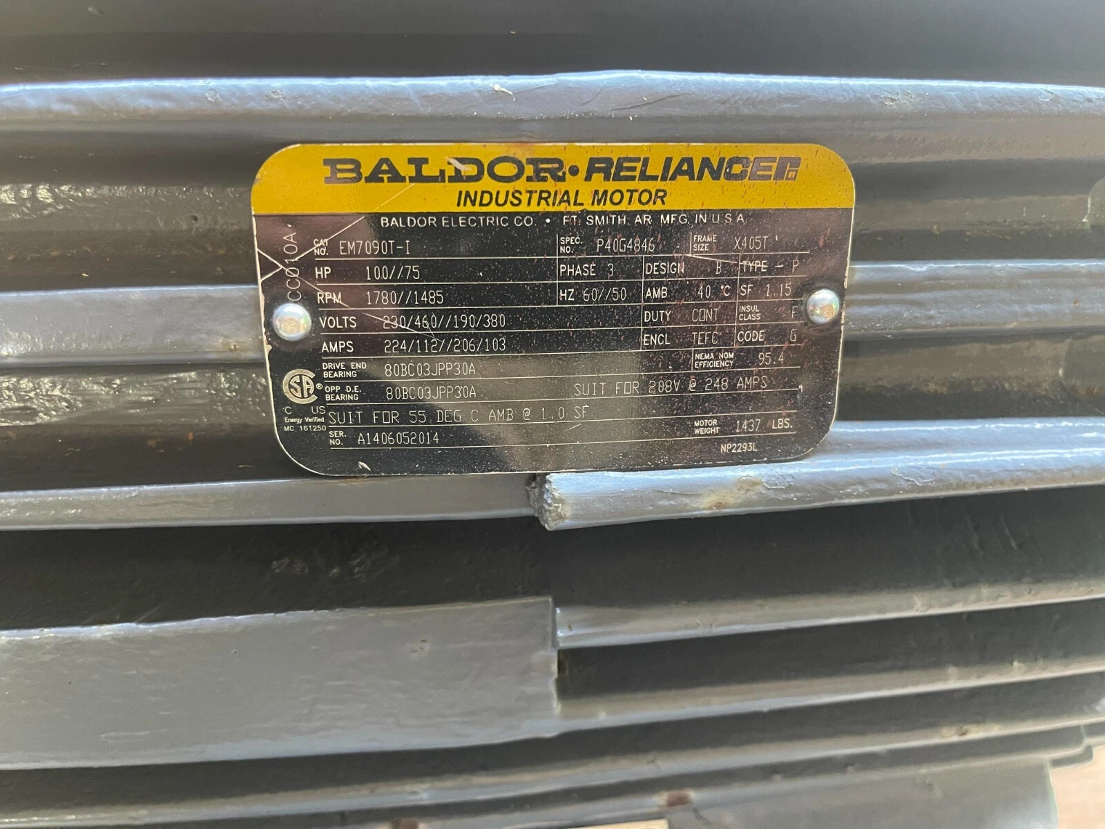 Baldor Reliance Industrial Motor EM7090T-I EM7090TI 100hp 3ph 230/460v Refurb
