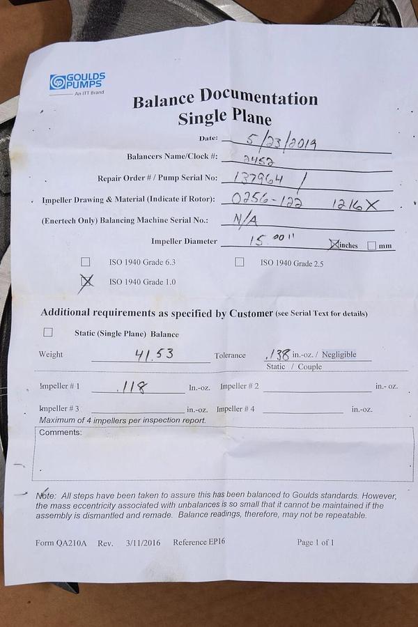 Goulds Pumps 15" Impeller 0256-122 1216X 0256-122-1216X 3196 XLT 8x10-15G (NEW)