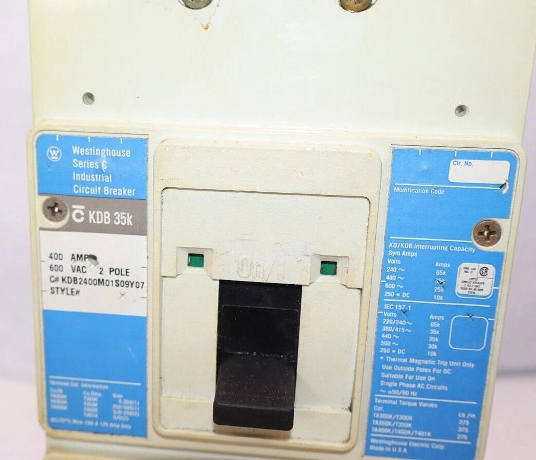 Used Westinghouse Ser C Circuit Breaker KDB35k 400a 400 Amp 2p KDB2400M01S09Y07