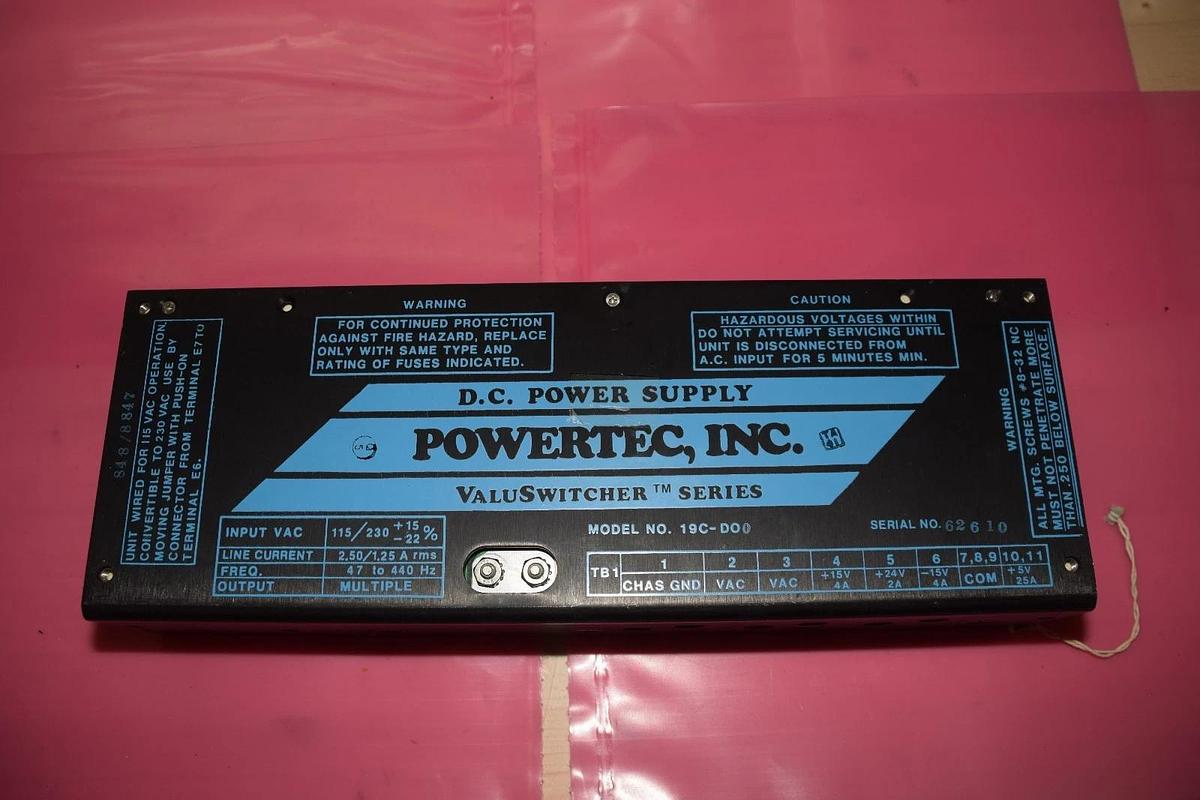 Used POWERTEC INC 19C-D00 19CD00 115/230VAC DC POWER SUPPLY
