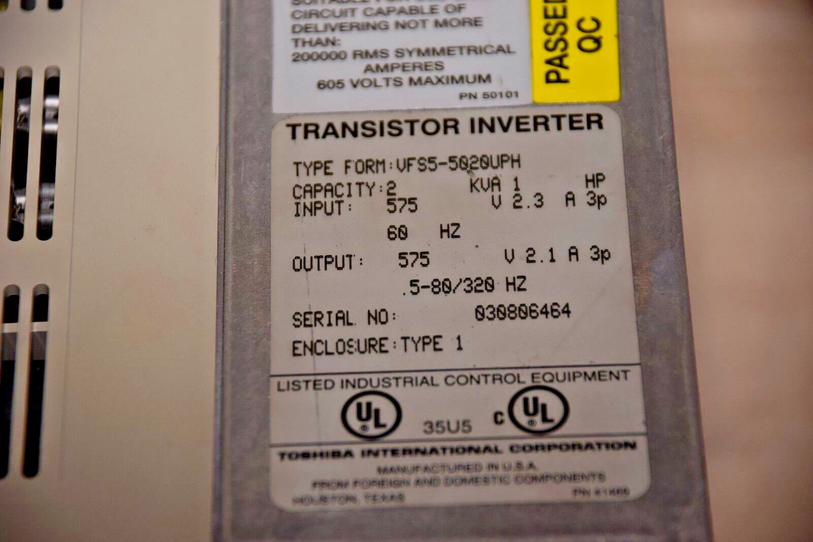 Toshiba VFS5-5020UPH Transistor Inverter AC Drive 2.1A 1Hp 575V 2 KVA 1HP (NEW)