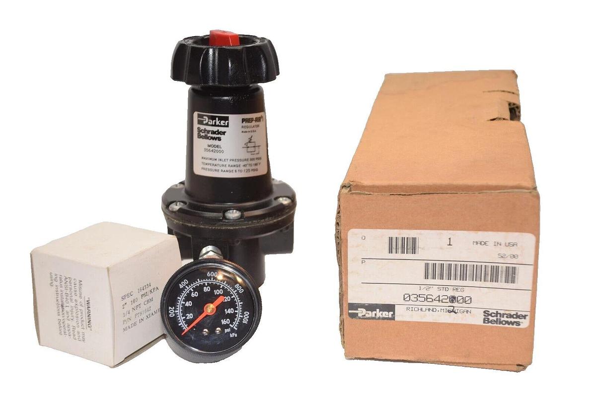 PARKER 35642000 5-125psig 1/2" Prep-Air Regulator USA w/ 160psi Gauge NIB
