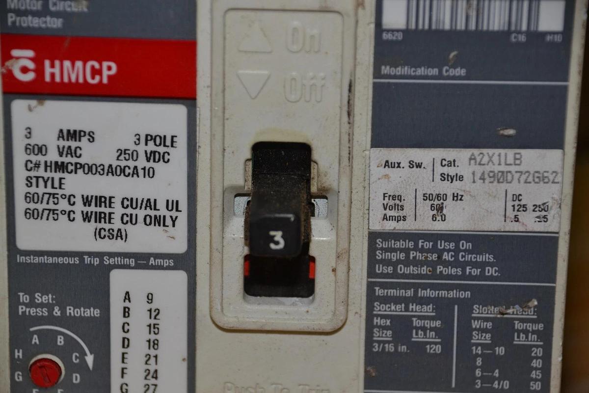 Used Westinghouse 3A Breaker  HMCP HMCP003A0CA10  3 Pole 600V Aux Sw. A2x1lb