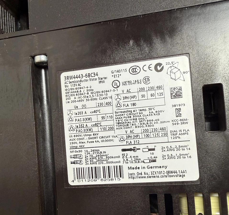 Used Siemens AC Semiconductor Motor Starter 3RW4443-6BC34 SIRIUS 115vac