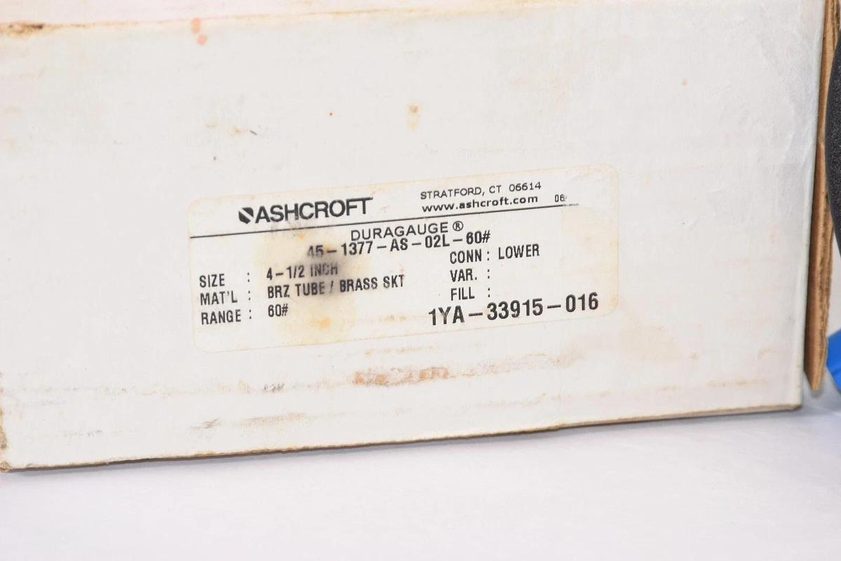 (NEW) ASHCROFT 45-1377-AS-02L-60# 4.5" Face 0-60psi Pressure Gauge
