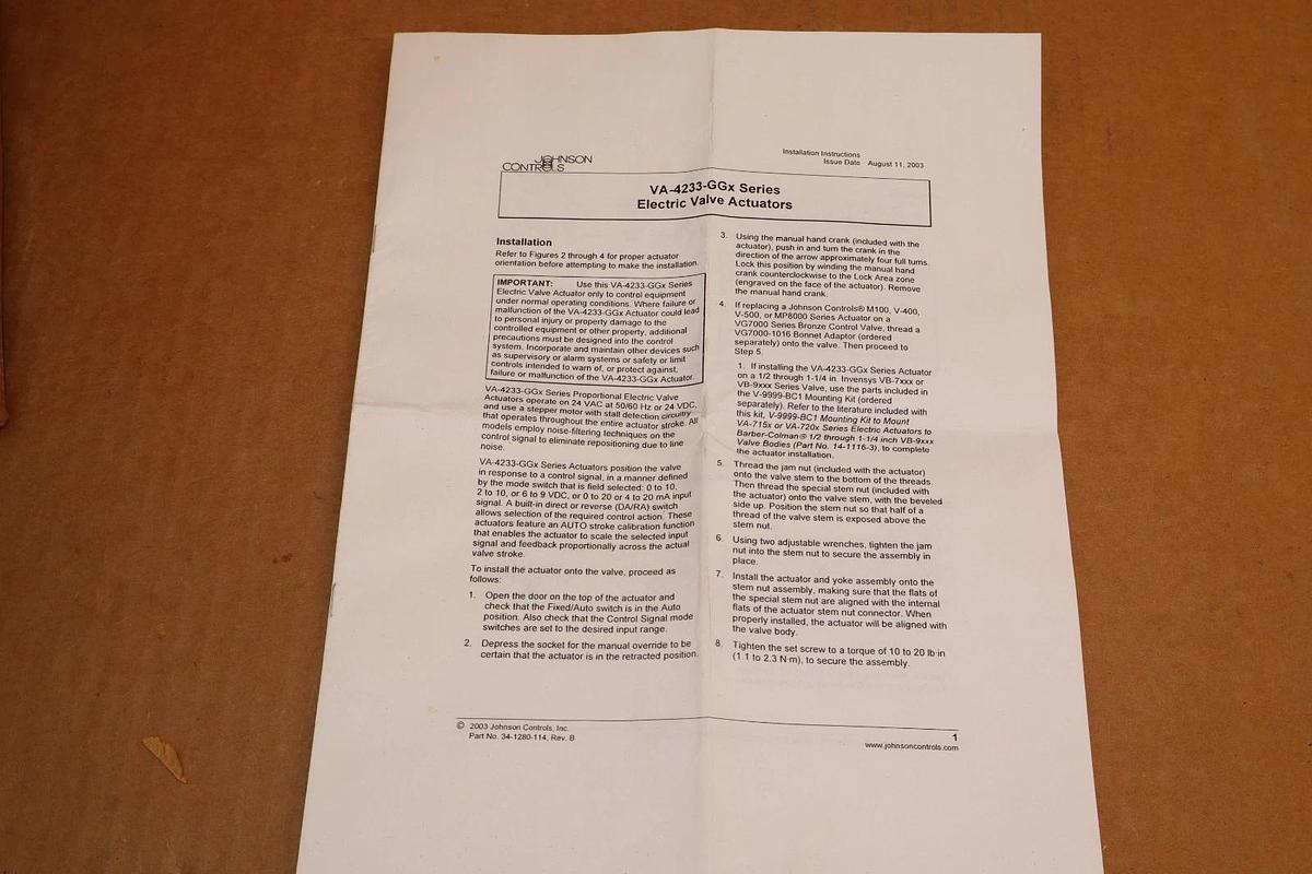 Johnson Controls Electric Valve Actuator VG7441PT+423GGC VA-4233-GGC-2 (NEW)