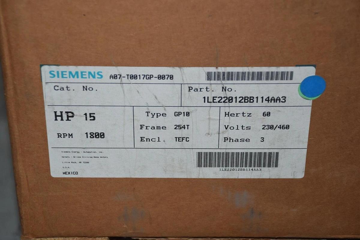 (New) Siemens 15 HP 1LE22012BB11AA3 Electric Motor GP10 254T 230V 460V 1760 RPM