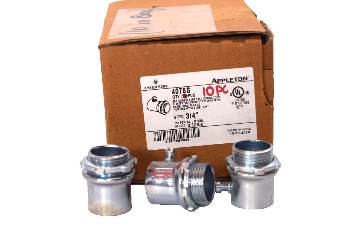 (NEW - Lot of 10) APPLETON 4075S 3/4" Set Screw Type EMT Connector
