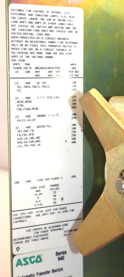Used ASCO B940310491X 480V 60Hz Series 940 Automatic Transfer Switch