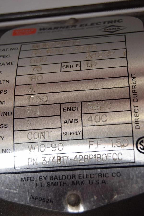 Warner Baldor Seco Motor M0G7211100 MOG7211100 34-6267-3946 .75hp 1750rpm 180VDC