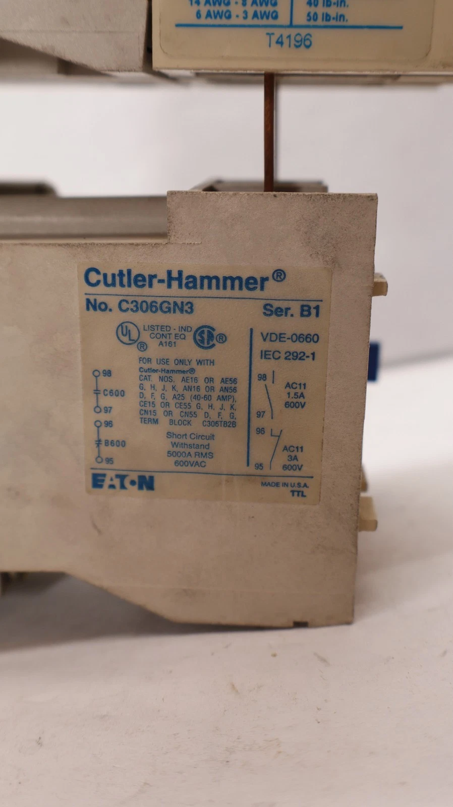 Used Cutler-Hammer Eaton Starter CE15HN3 C306GN3 660V 60A 60 Amp 120v Coil H2014B