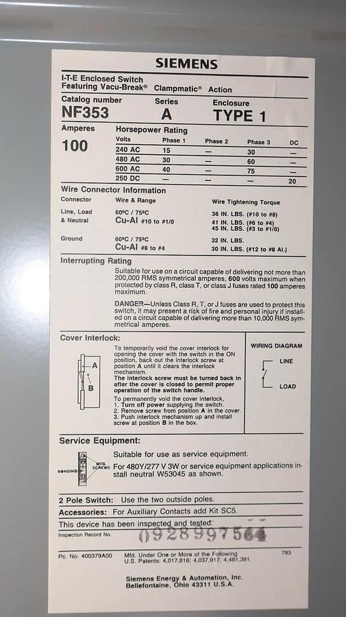 Used SIEMENS I-T-E Enclosed Switch NF353 Ser A 100A 100 Amp 600Vac 3 Phase Heavy Duty