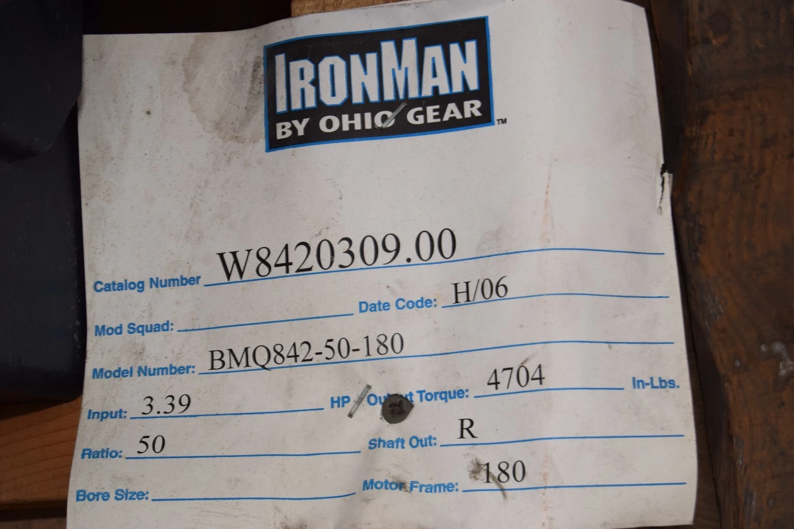 IronMan Ohio Gear Gear Box Speed Reducer W8420309.00 BMQ842-50-180 50:1 R NOS