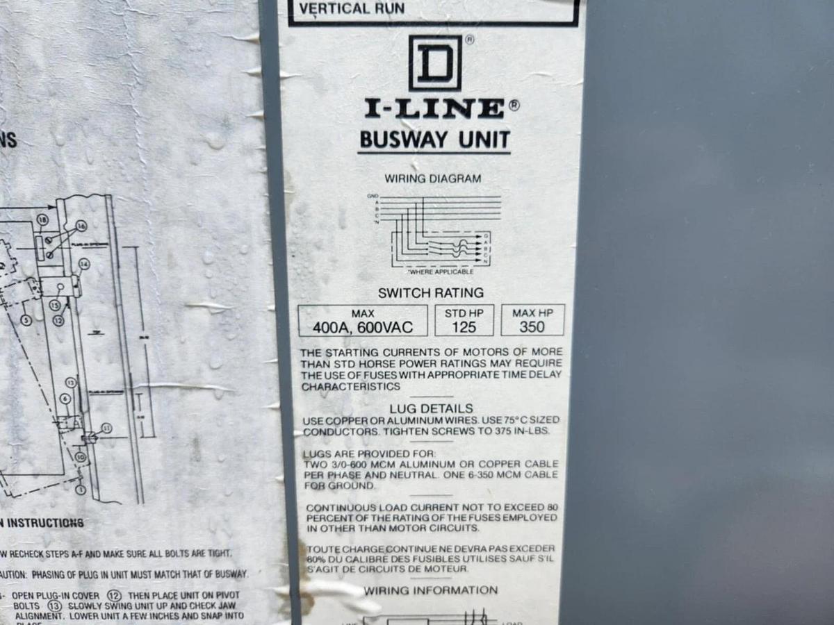 Used SQUARE D I-Line Fusible Busway Switch PBQ3640G 400A 400 Amp Ser 7 3P3W 600v 3ph