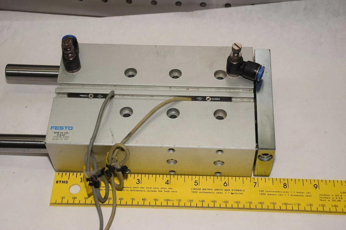 Used FESTO  PNEUMATIC GUIDED LINEAR DRIVE DFM-32-125-P-A-KF GLIDE GRIPPER CYLINDER