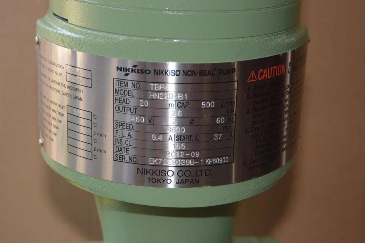 Nikkiso Non-Seal Pump TBP4 HN23B-B1 HN23BB1 Head: 20m 3.6kw 460v 500 L/min (NEW)