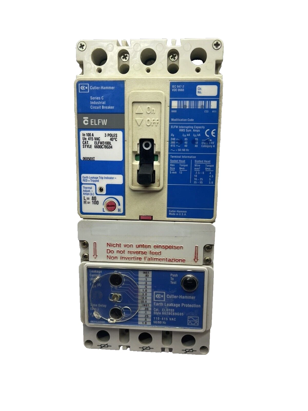 Used Cutler Hammer ELFW3100L, 3p 100a 415v, Circuit Breaker, With ELD133 100 A