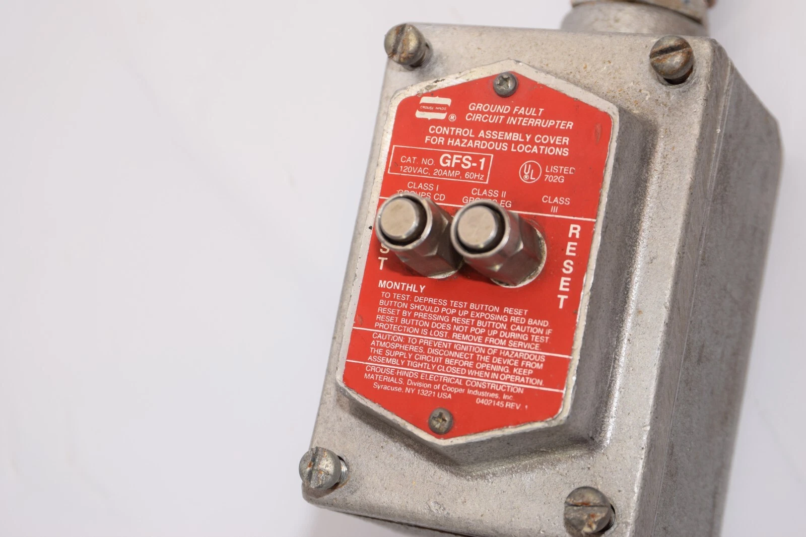 Used CROUSE HINDS GFS-1 120Vac 20Amp 60Hz Circuit Interrupter For Hazardous Locations