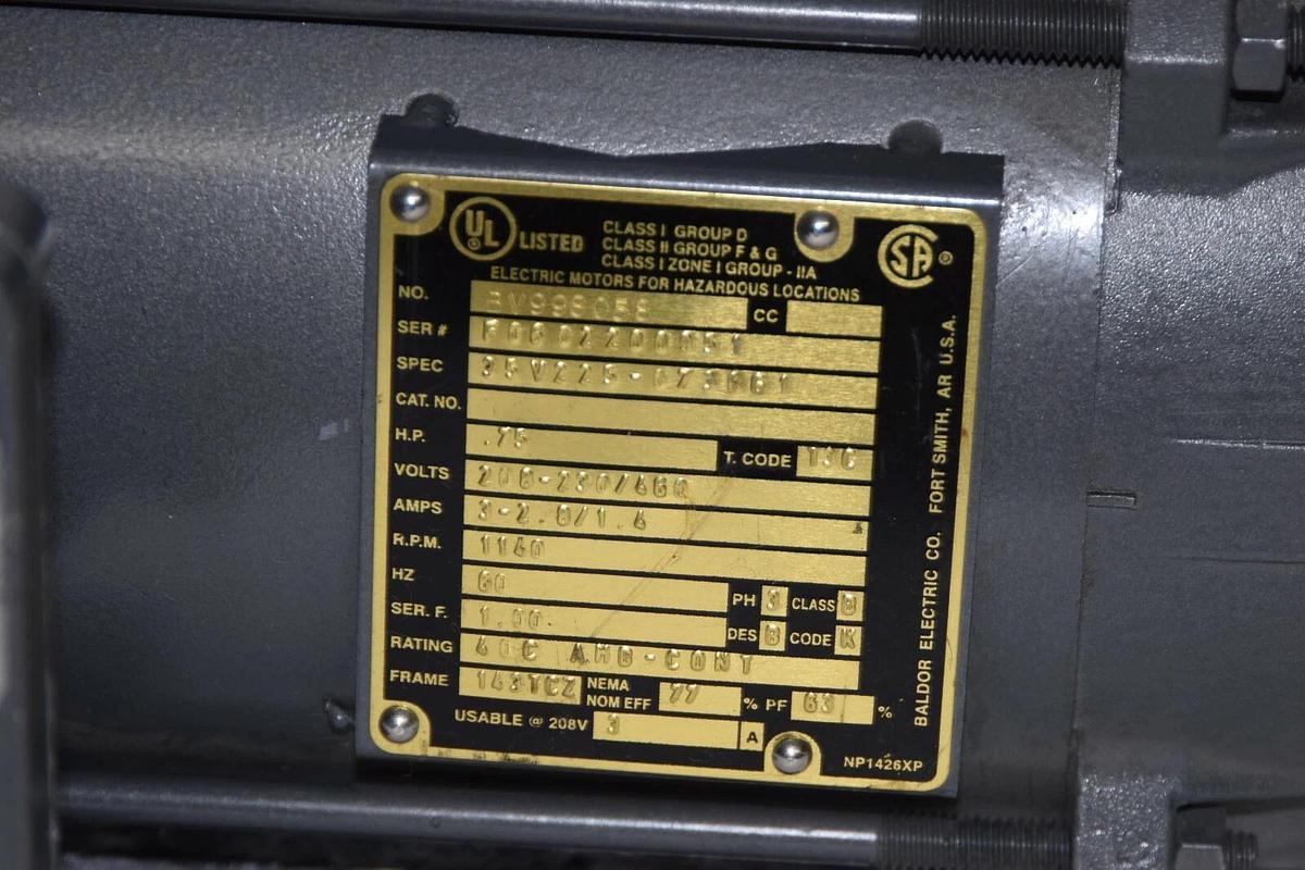 Used BALDOR Hazardous Location Electric Motor .75hp 3/4hp BV998058 208-230/460v NEW