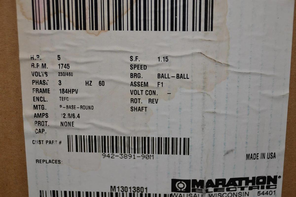 Used Marathon Motor 5hp  FVJ184TTFS16044AAL  942-3891-90M  230/460v 3ph 5hp 1745rpm
