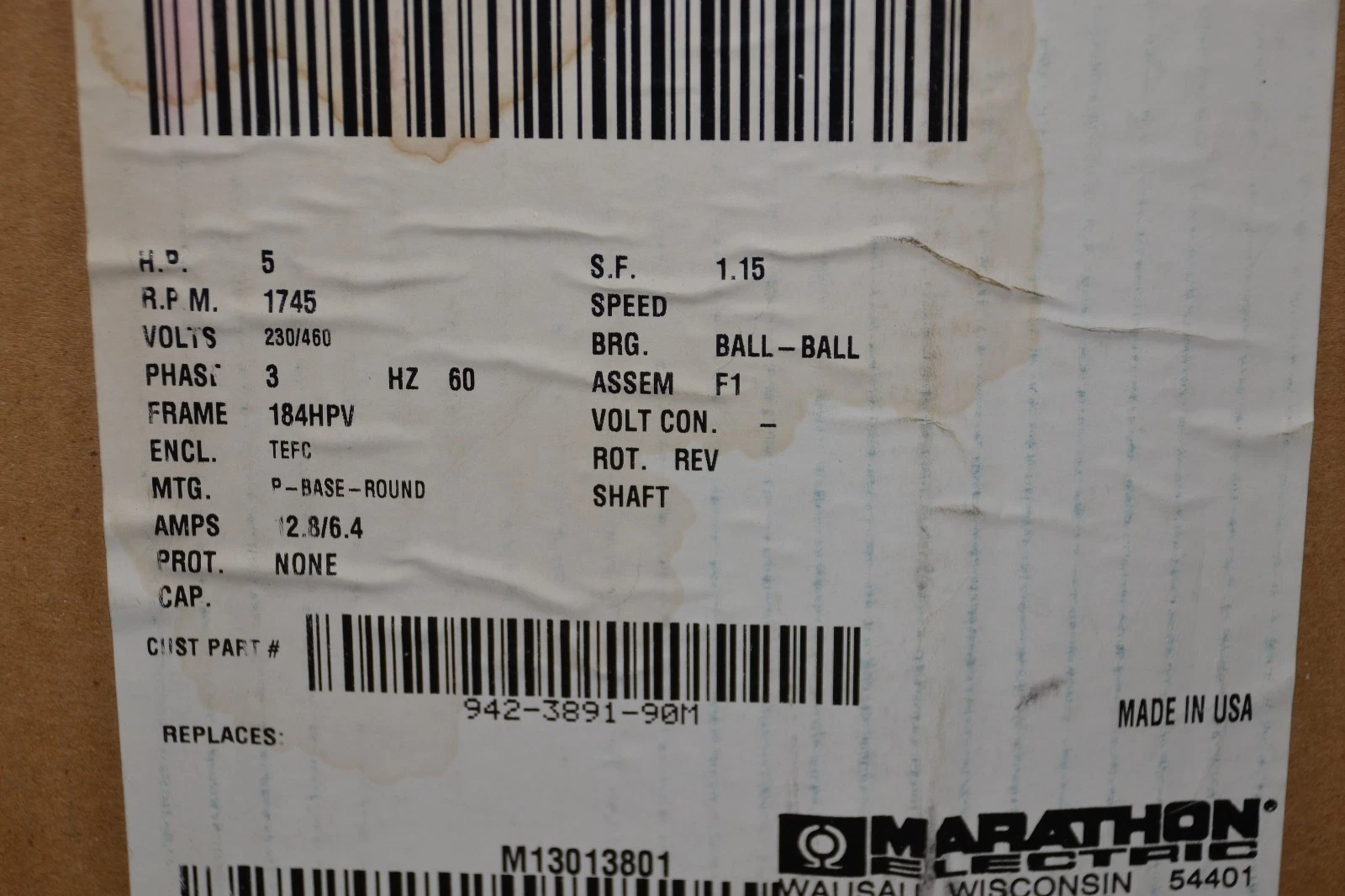Used Marathon Motor 5hp FVJ184TTFS16044AAL 942-3891-90M 230/460v 3ph 5hp 1745rpm