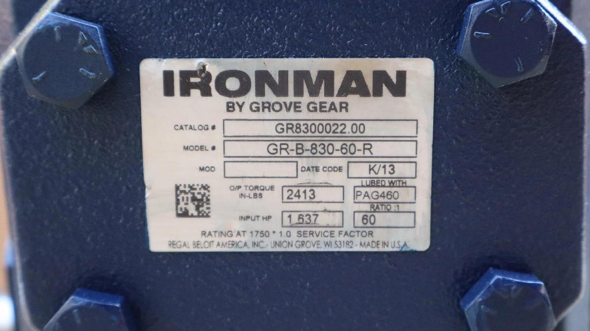 IronMan Grove Gear Box Worm Speed Reducer GR8300022.00 GR-B-830-60-R 60:1 REFURB