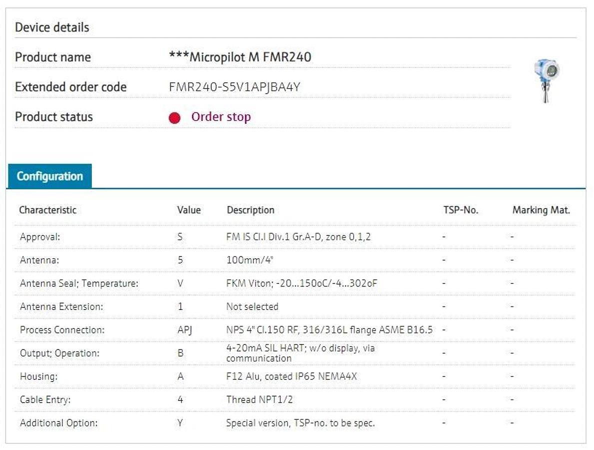 Used ENDRESS + HAUSER Level Radar Micropilot FMR240 FMR240-S5V1APJBA4Y 4" (used)